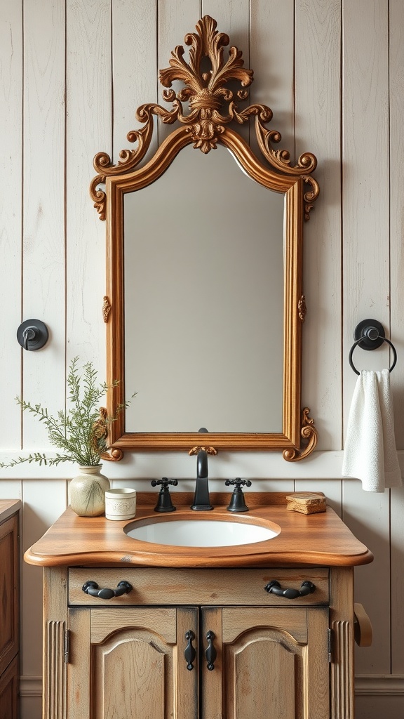Antique mirror with ornate golden frame above a wooden vanity in a vintage farmhouse bathroom.