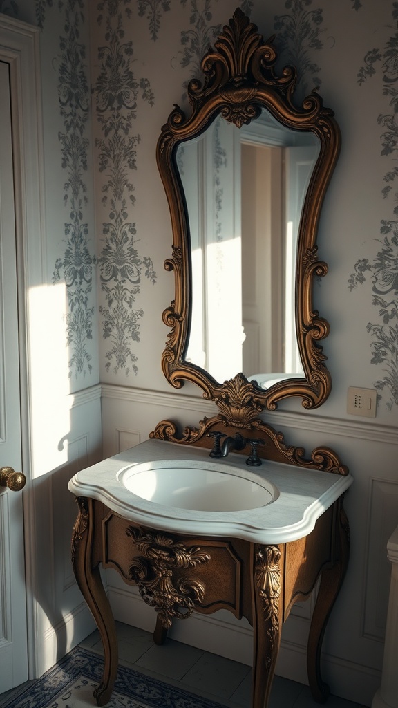 Antique vanity and sink with ornate details and a large mirror in a vintage bathroom setting.