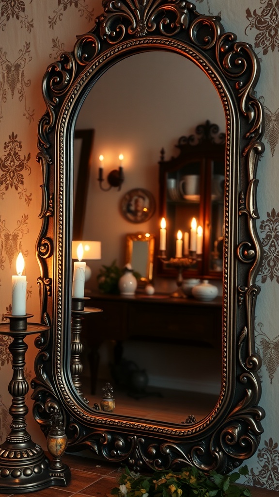 An antique ornate vanity mirror surrounded by candles in a vintage bathroom setting.