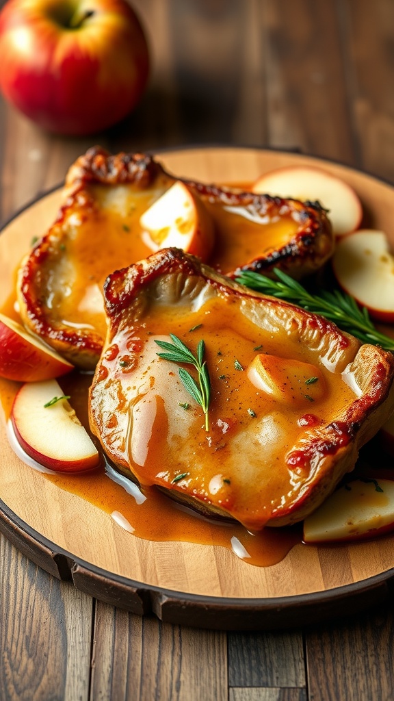 Braised boneless pork chops in apple cider sauce served with apple slices.