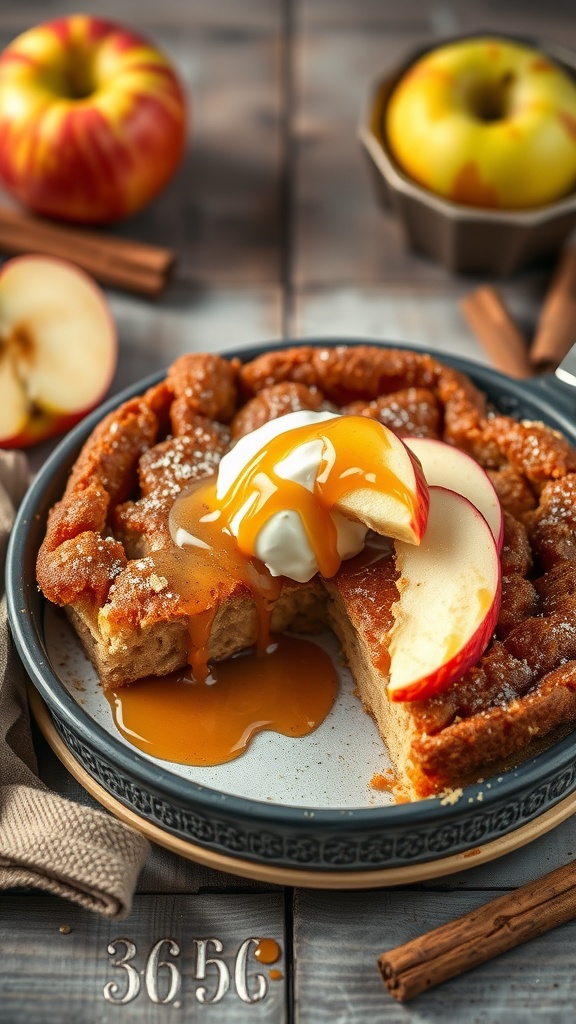 Apple Cinnamon Dump Cake served with caramel and fresh apple slices