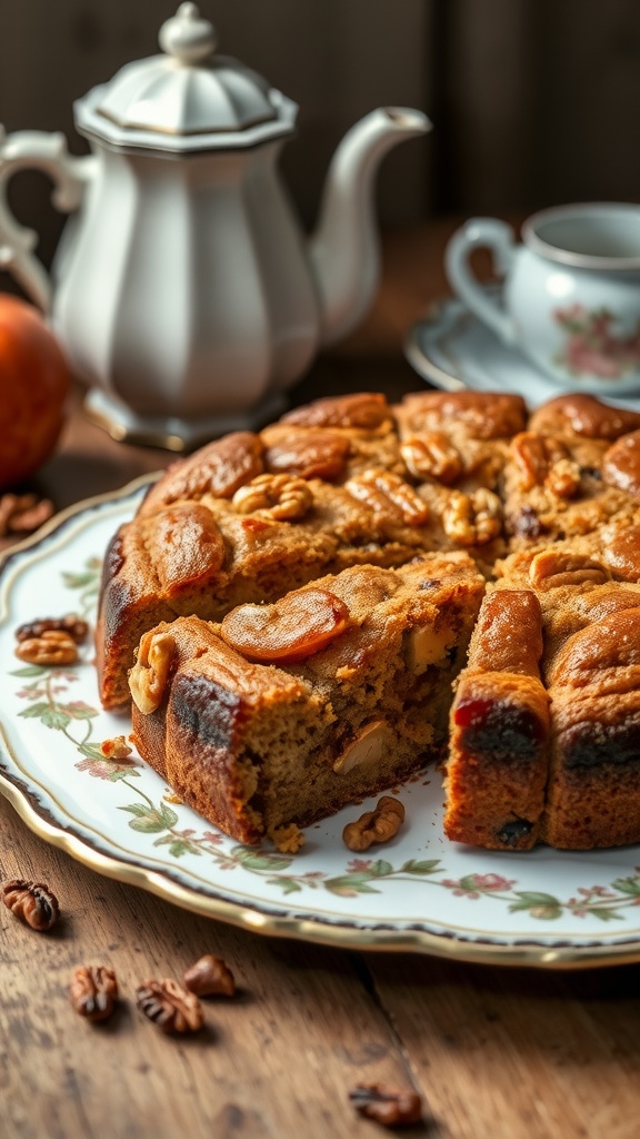 A slice of apple walnut coffee cake on a decorative plate