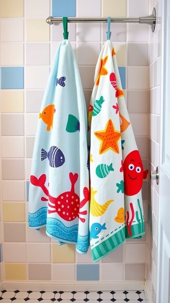 Two colorful aquatic-themed towels hanging on a towel rack in a kids' bathroom.