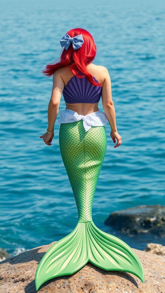 Ariel's outfit featuring a purple seashell top and a green mermaid tail, with a blue bow in her hair, standing by the sea.