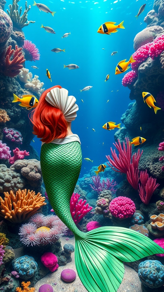 Ariel from Disney with a green tail and red hair, surrounded by colorful coral and fish underwater.