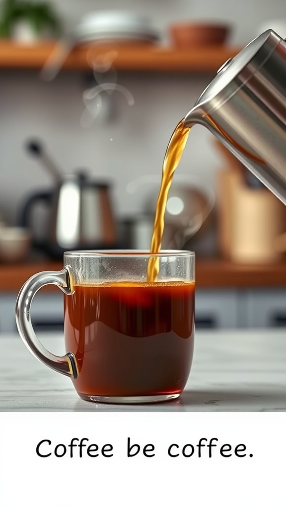 Coffee being poured into a clear cup with steam rising in a kitchen setting.