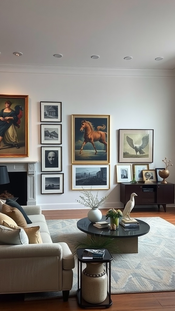 A living room featuring an art-focused display with a variety of framed artworks on the wall, a cozy couch, and a sleek coffee table.