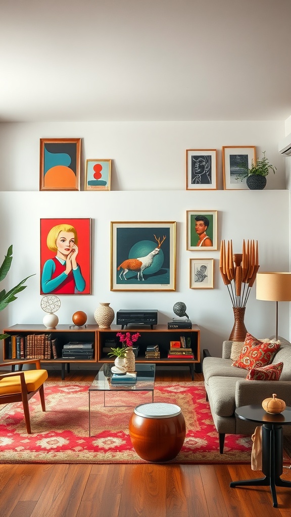 Mid-century modern living room with colorful art pieces and stylish furniture.