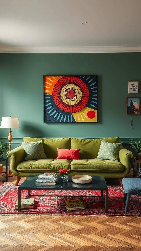A living room featuring a green couch, colorful wall art, a coffee table with books, and a red rug.