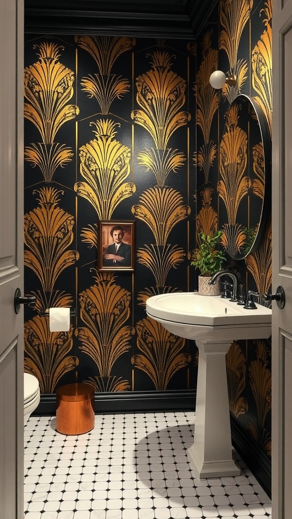 Art Deco style bathroom with gold and black wallpaper, round mirror, and pedestal sink.