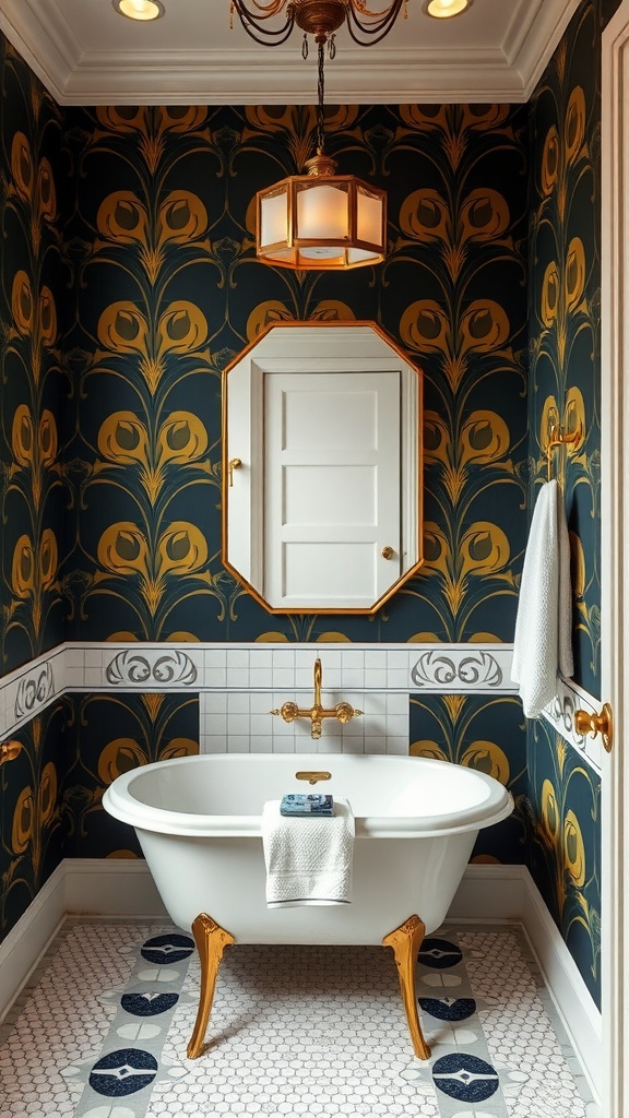 Guest bathroom with Art Deco wallpaper, clawfoot tub, and gold fixtures