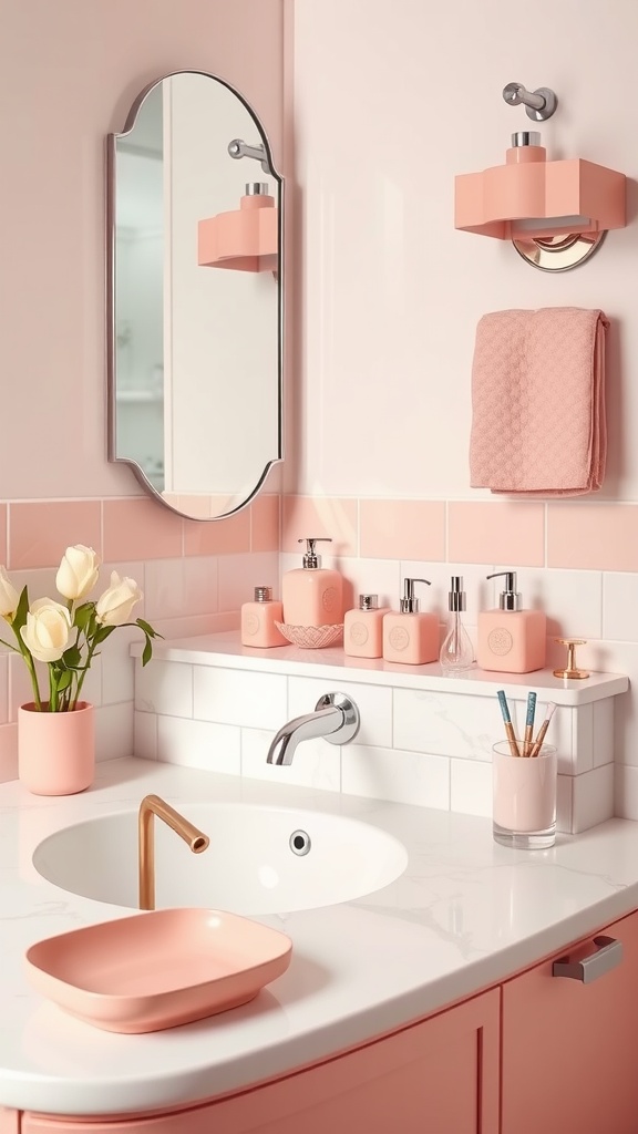A pink retro bathroom featuring Art Deco inspired accessories, including stylish dispensers, a sleek mirror, and fresh flowers.