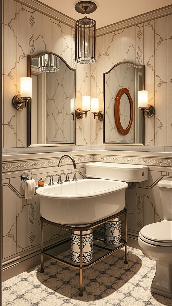 A vintage bathroom with Art Deco inspired fixtures featuring a stylish sink, mirrors, and elegant lighting.