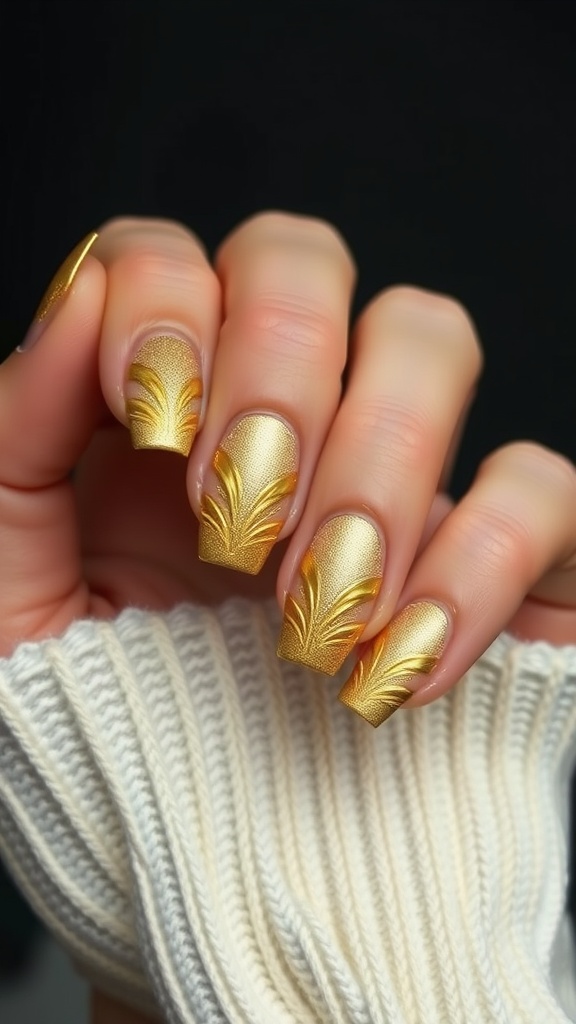 Gold Art Deco inspired nails with intricate patterns