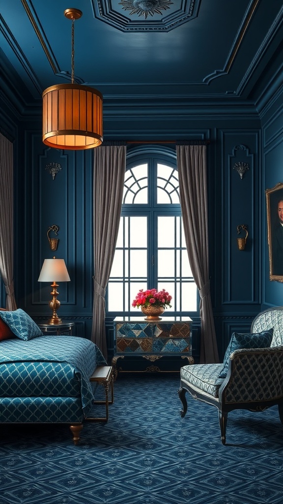 Art Deco inspired navy blue bedroom with elegant decor and rich textures.