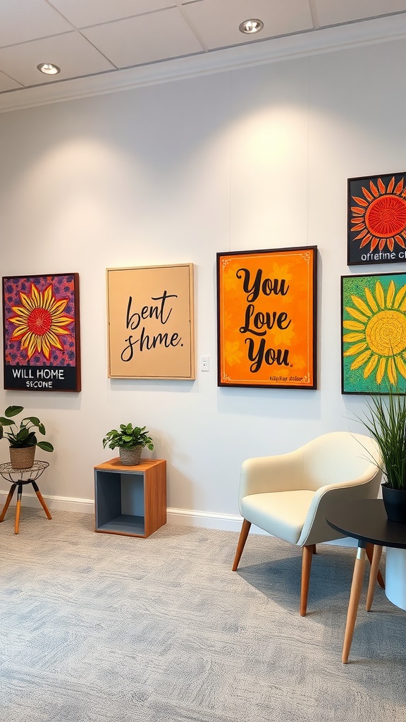 Colorful art pieces with motivational messages in a therapy office.