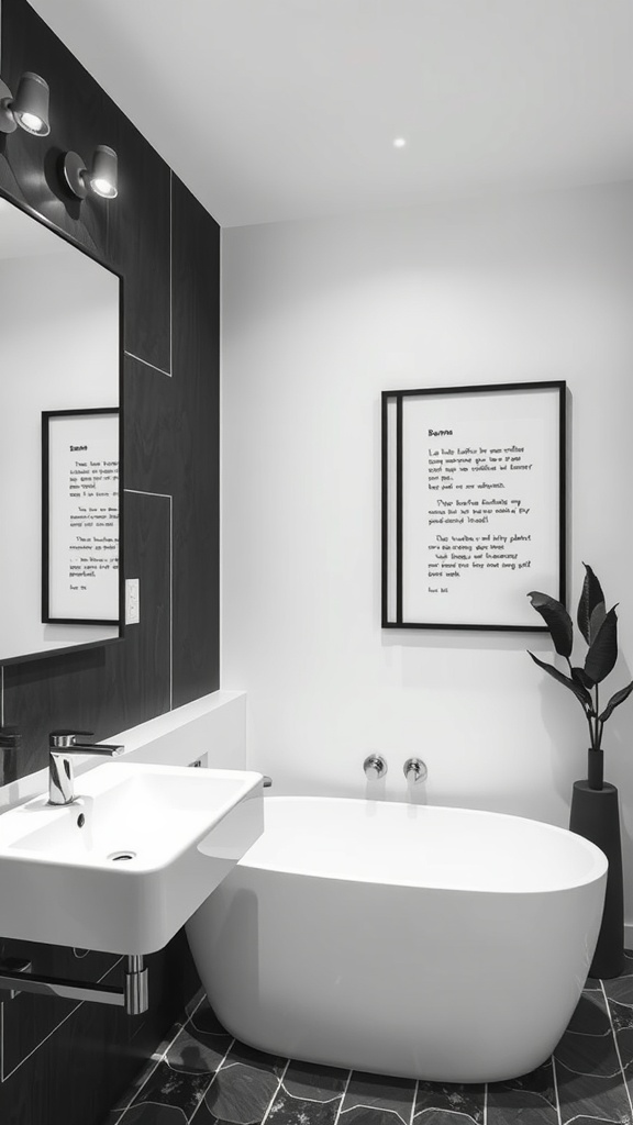 A stylish black and white bathroom featuring a framed artwork with text on the wall.