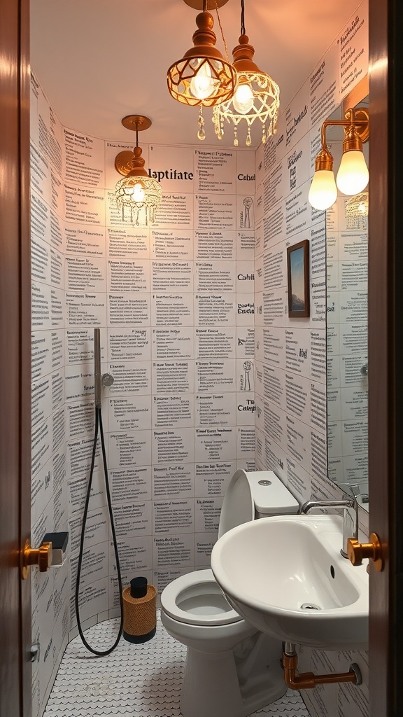 A small bathroom featuring unique pendant lights and text-covered wallpaper.