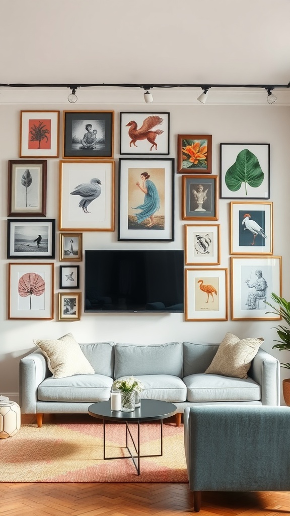 A modern living room featuring a wall with a diverse collection of framed art, showcasing birds, flowers, and human figures.