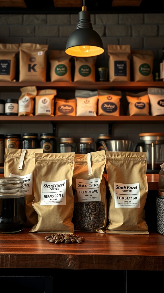 A cozy artisan coffee bar with bags of local coffee beans displayed on a wooden countertop.