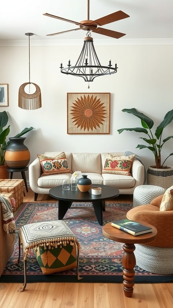 A cozy boho living room featuring artisan handcrafted furniture, including a soft sofa, a round coffee table, and a patterned ottoman, surrounded by plants and warm decor.