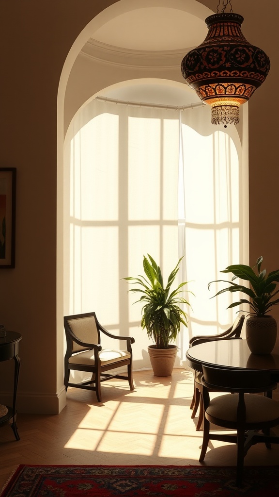 A beautifully crafted artisan chandelier in a modern Mexican home decor setting, showcasing a warm glow and intricate design.