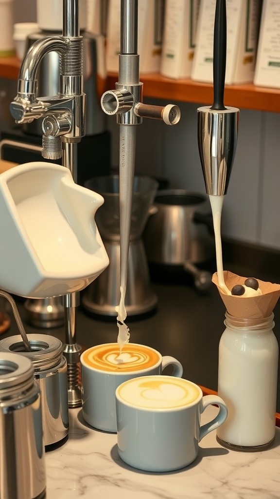 Artisan milk frothing station with coffee cups and milk being frothed