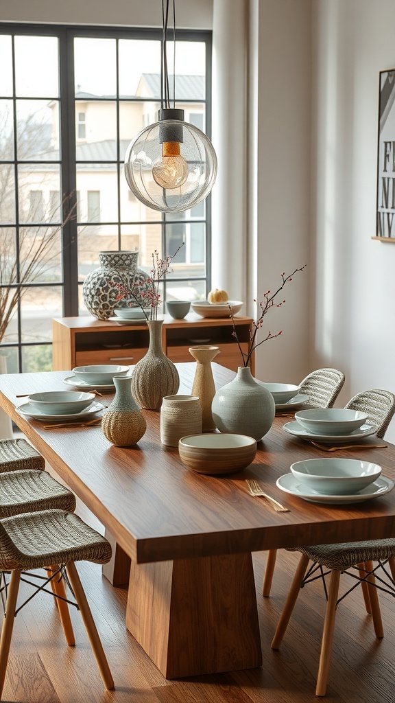 A dining table with various artisan pottery pieces, including vases and bowls, set in a modern home decor style.