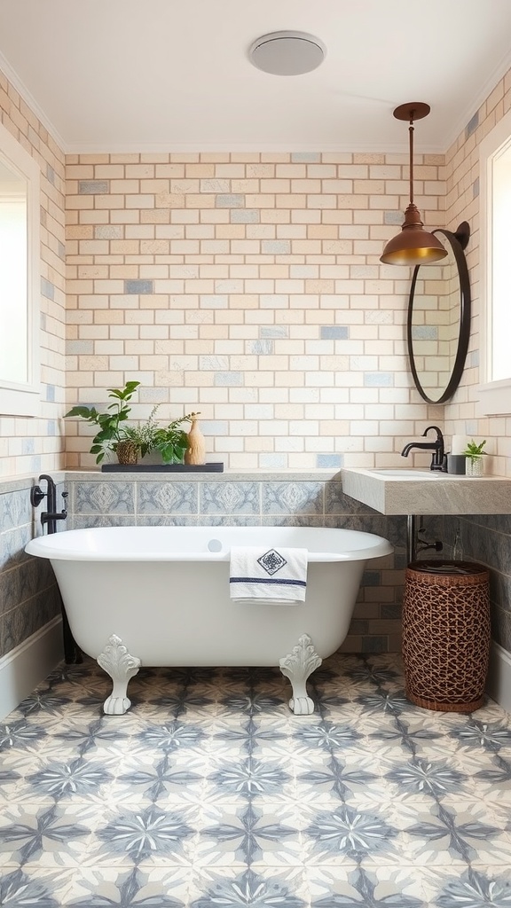 A farmhouse bathroom featuring intricate artisan tile designs on the floor, a vintage clawfoot tub, and warm, inviting decor.