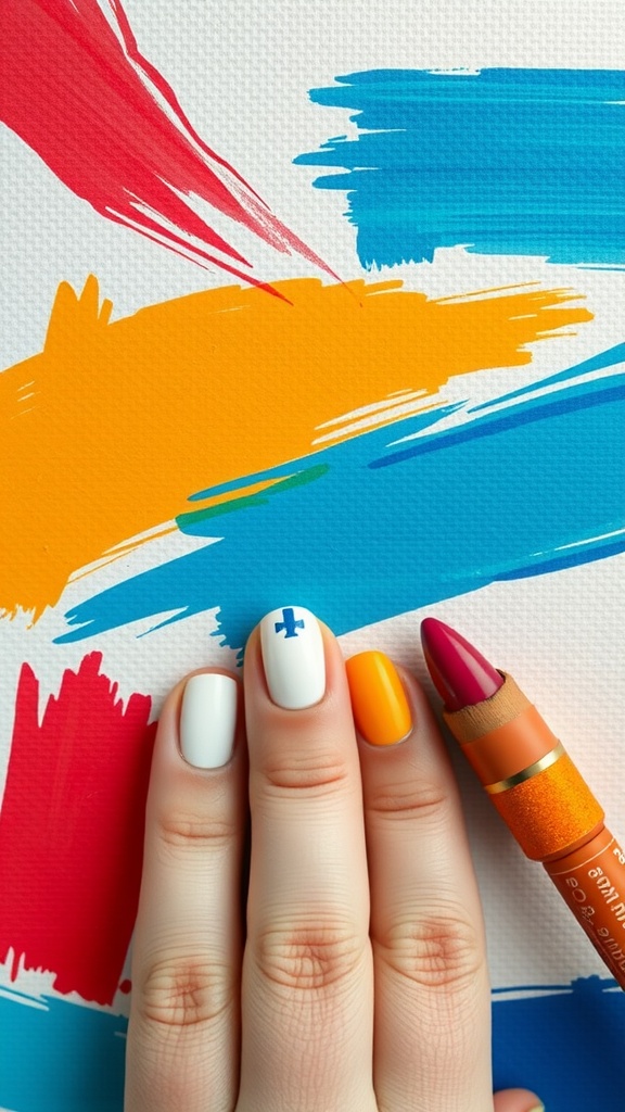 Close-up of artistic abstract brush strokes on nails, showcasing bright colors and creative designs.