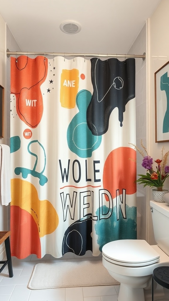 A colorful abstract shower curtain featuring bold shapes and playful text in a modern bathroom.