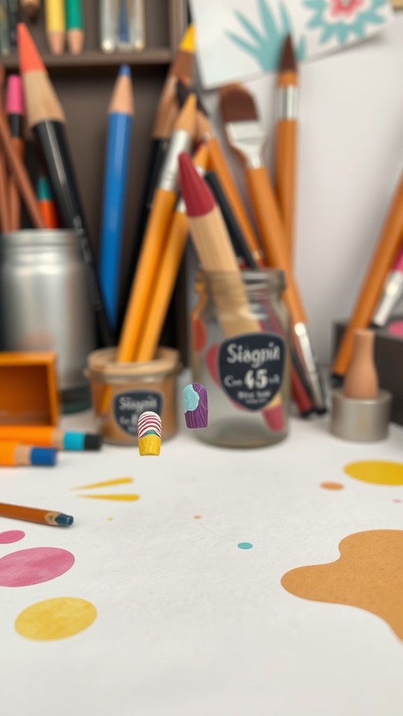 Artistic abstract nail designs with vibrant colors and patterns, surrounded by art supplies.