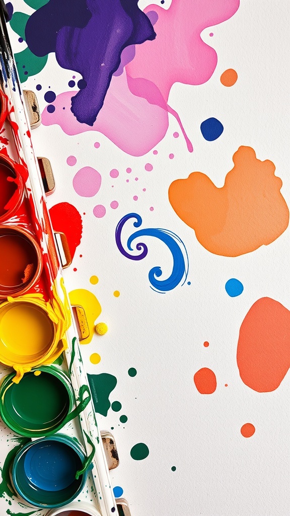 A palette with vibrant paint colors splashed in abstract patterns