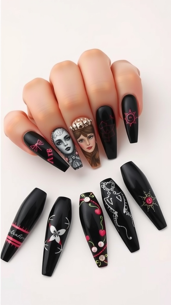 Coffin-shaped black nails with artistic designs including portraits and patterns.