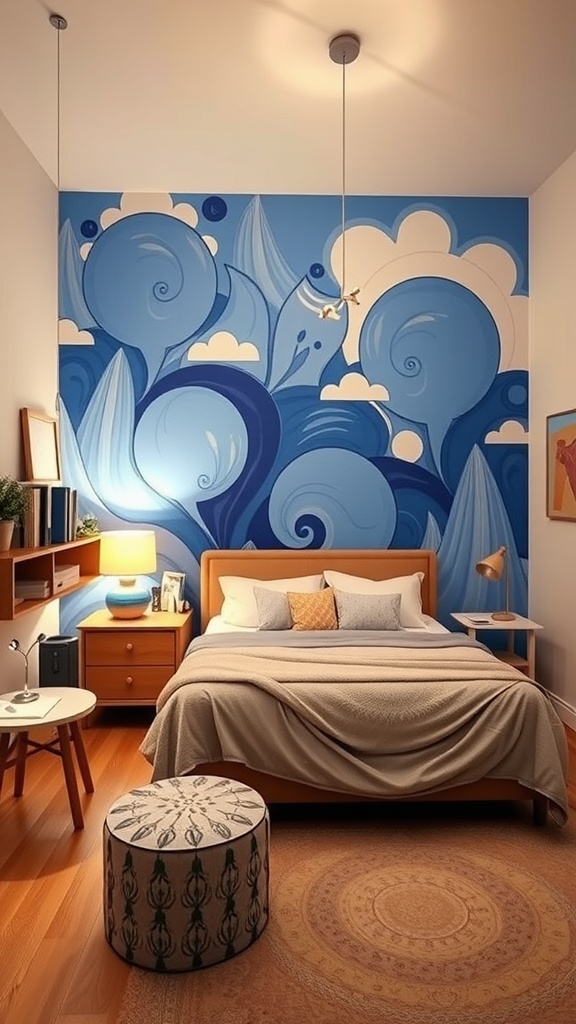 A cozy bedroom featuring a blue mural with swirling patterns and clouds, complemented by wooden furniture.