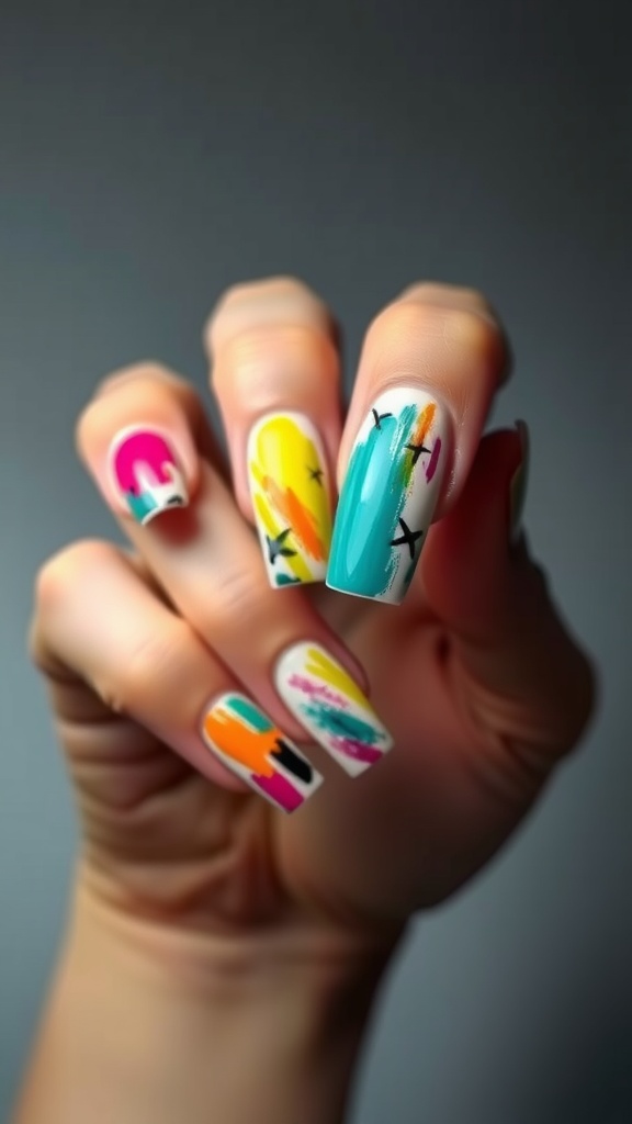 Colorful artistic brush stroke French tips on nails