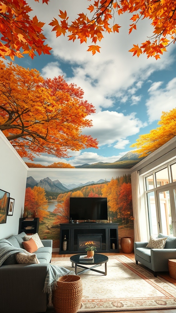 Artistic ceiling mural depicting autumn trees and mountains in a cozy living room