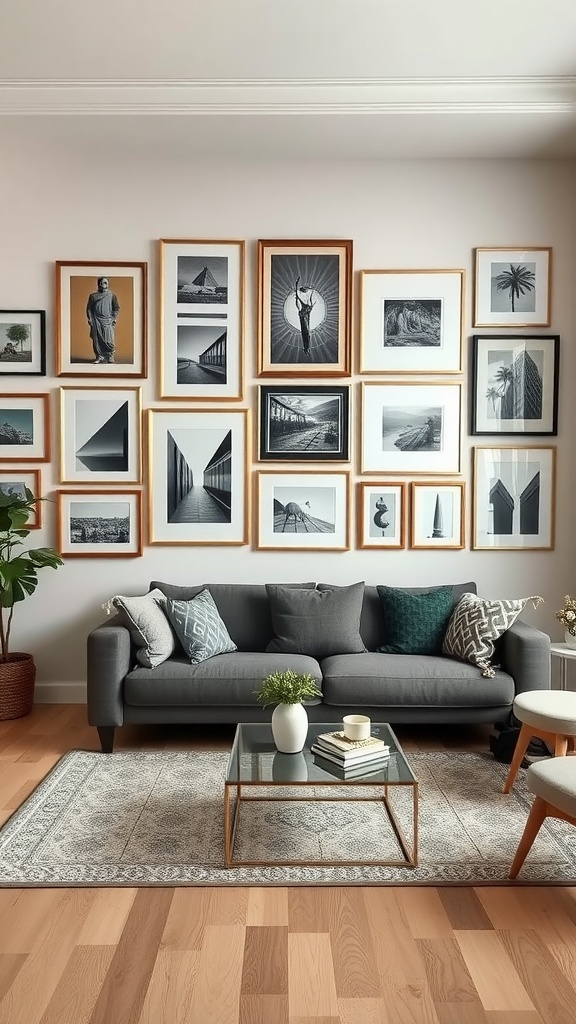 An artistic gallery wall featuring various framed black and white photographs above a cozy gray sofa in a stylish living room.