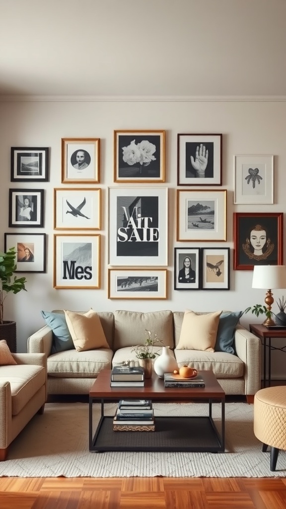 A stylish living room with a gallery wall featuring various framed black and white art and photographs, complemented by a cozy sofa and coffee table.