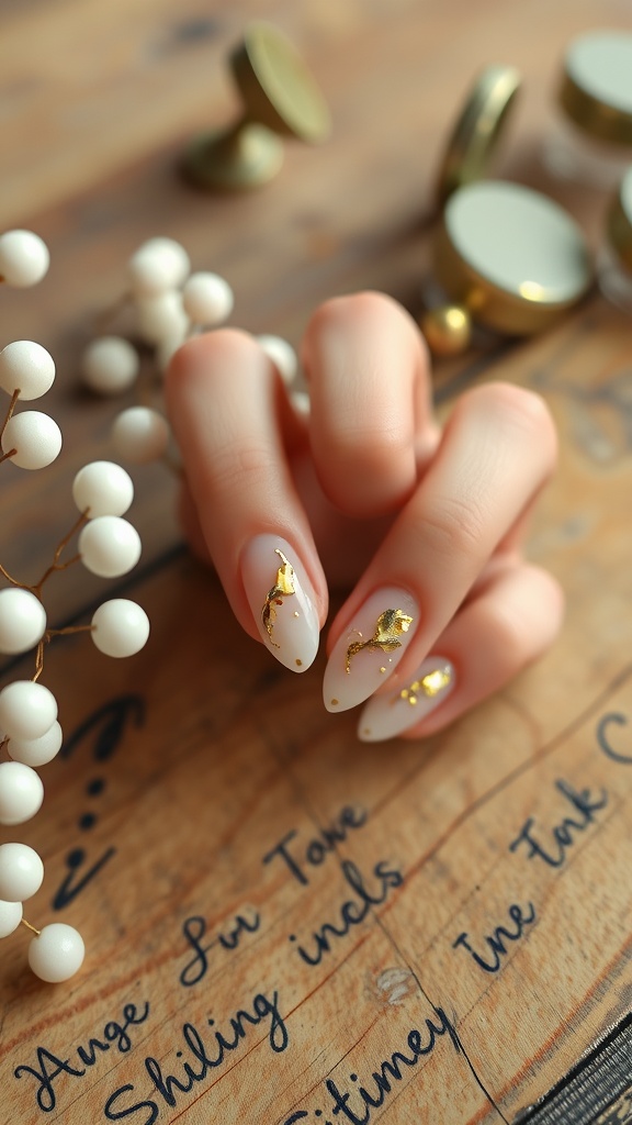 Nail design featuring white nails with gold leaf accents, surrounded by decorative white berries.