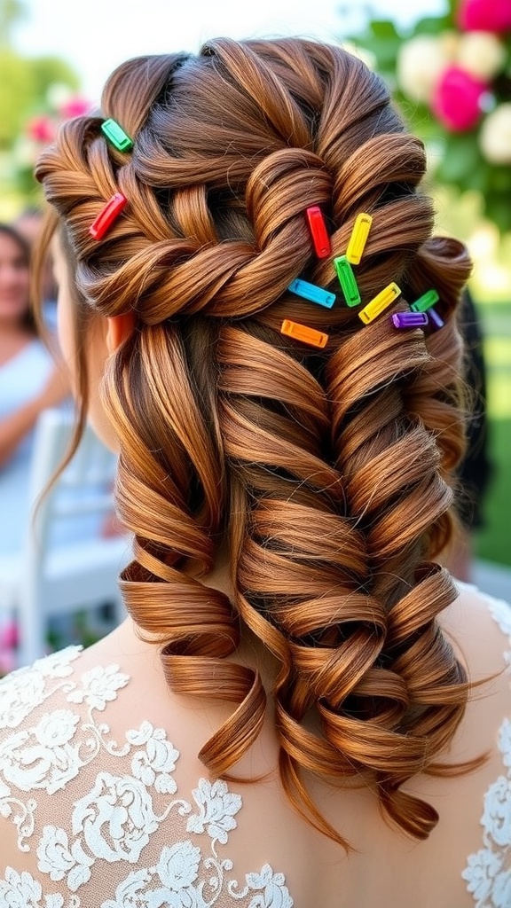 Half-up hairstyle featuring artistic spiral curls and colorful clips.