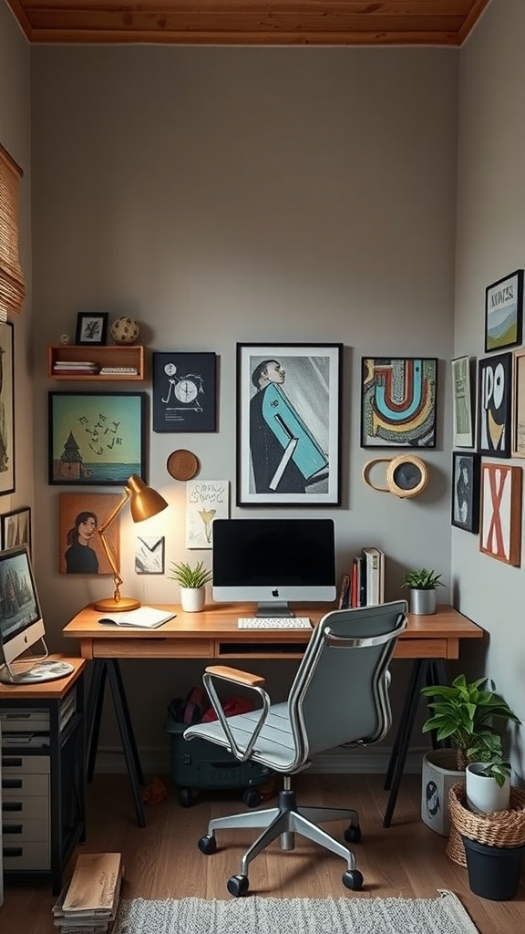 A cozy home office corner with artistic decorations and a modern desk setup.