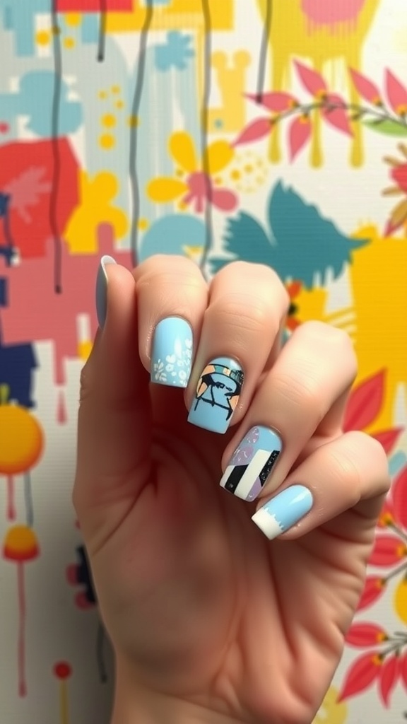 Close-up of artistic light blue French tip nails with abstract patterns.