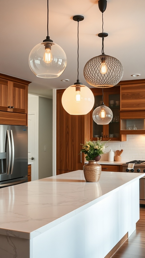 A kitchen island with three artistic light fixtures above it, showcasing different shapes and styles.