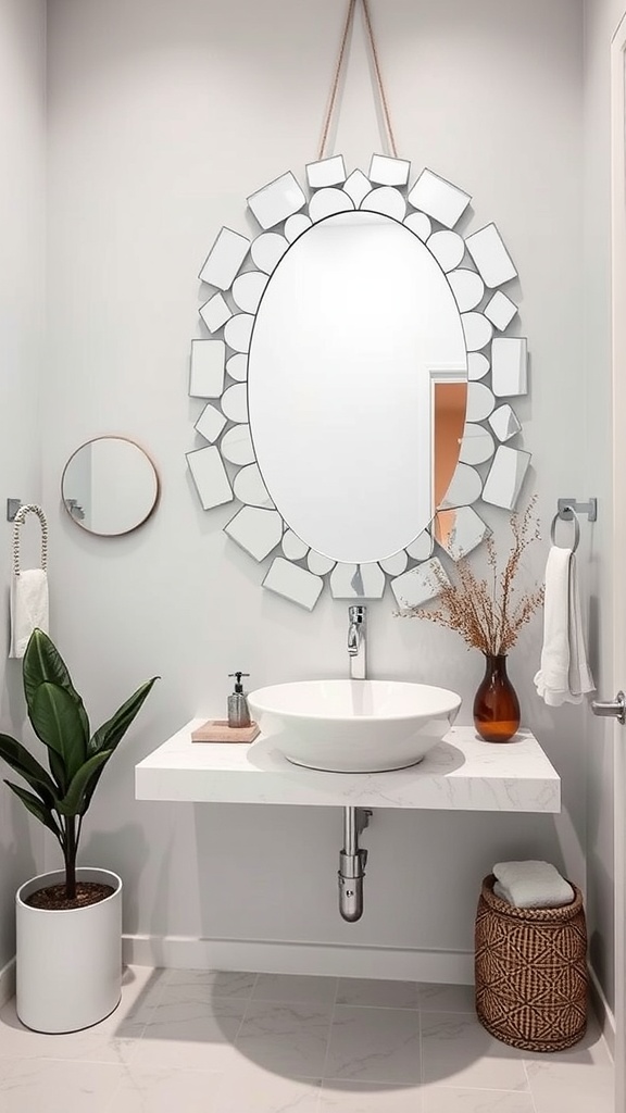 A modern guest bathroom featuring an artistic mirror design with a unique shape, complemented by a minimalist sink and stylish decor.