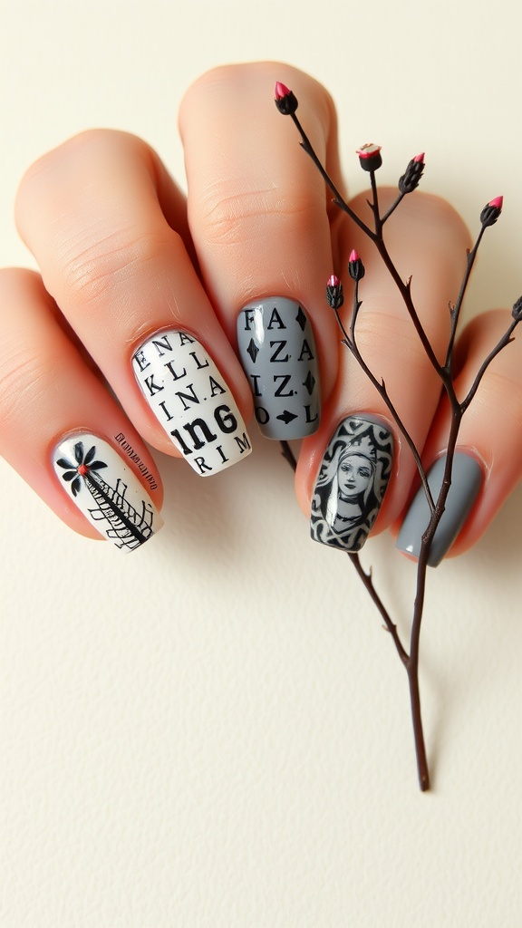 Close-up of artistic nail art with various intricate designs on a soft gray background.