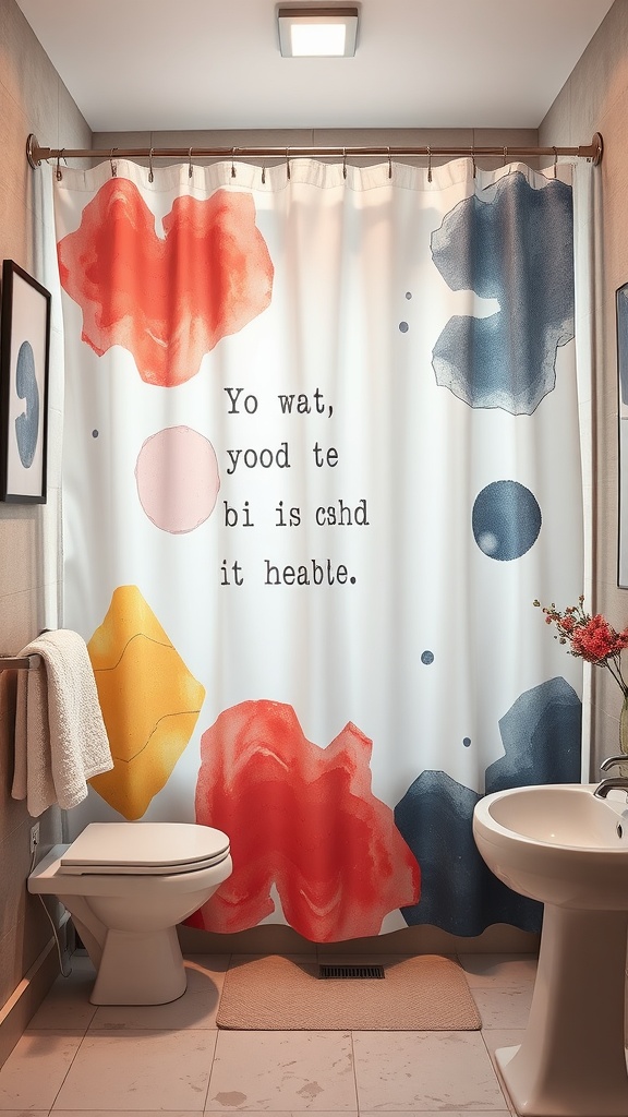 Abstract artistic shower curtain with vibrant colors and playful text.