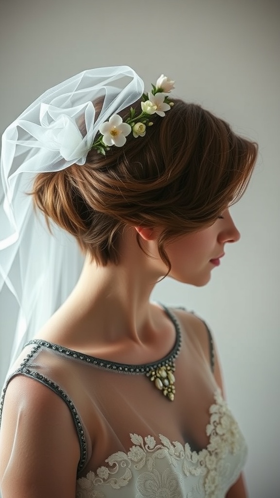A bride with short hair styled in an artistic side-swept look, adorned with a veil and flowers.