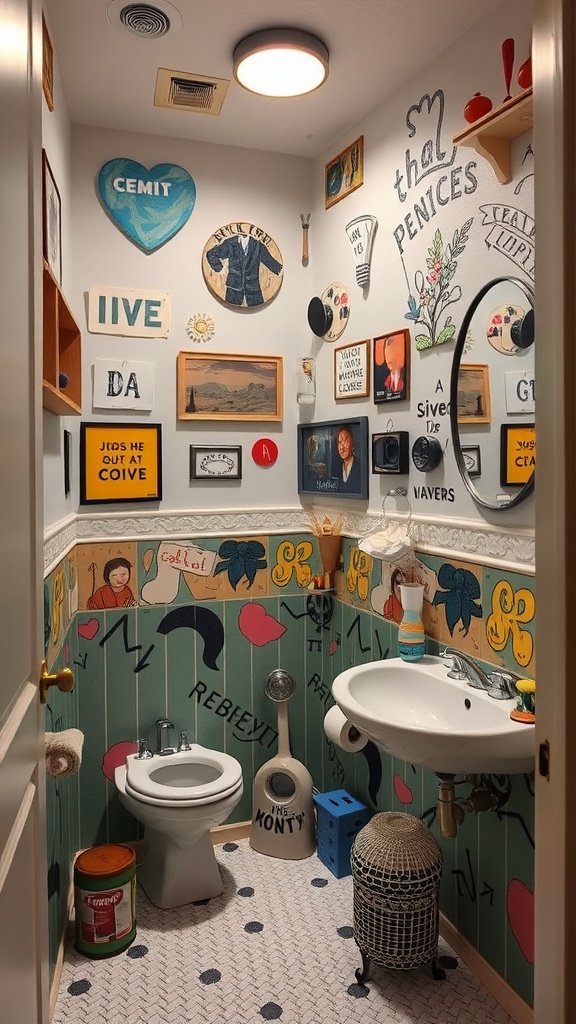 A colorful and artistic bathroom with eclectic wall art and playful decor.