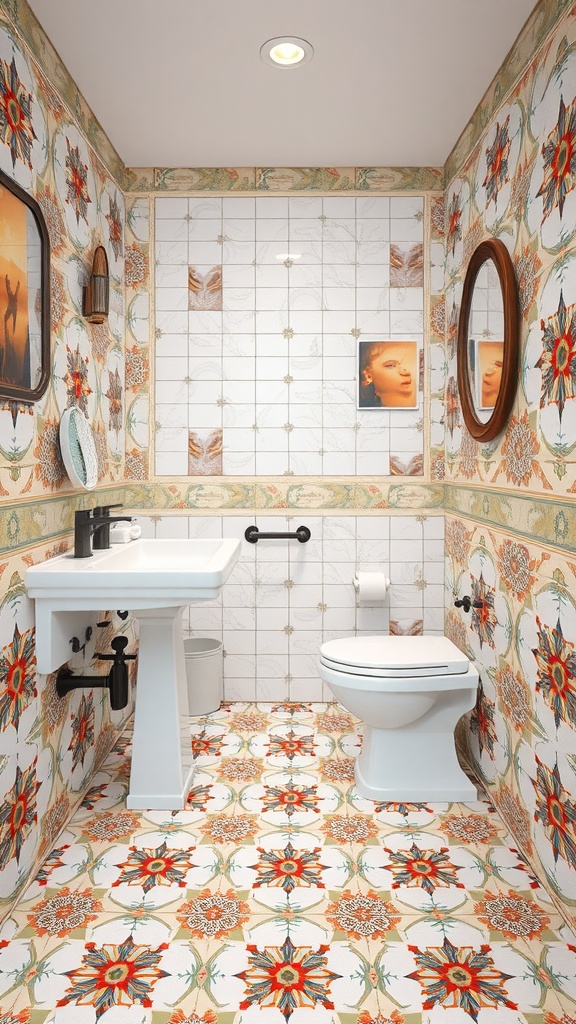 A half bathroom with vibrant floral and geometric tile patterns on the walls and floor.